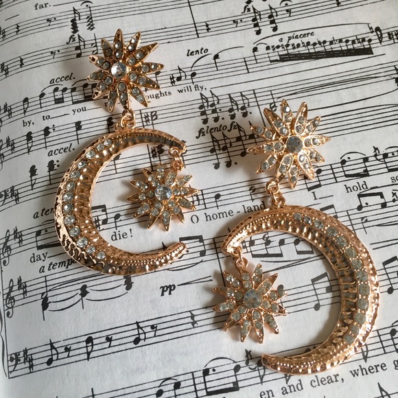 Bdecked & Bdazzled Jewelry - Gold Crystal Star and Moon Dangle Earrings